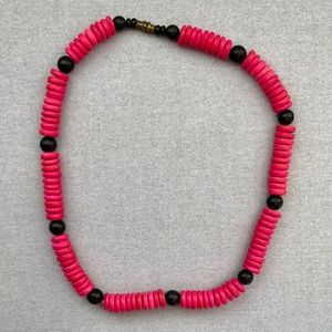 VINTAGE PINK & BLACK WOOD BEAD NECKLACE 16” FLAT DISCS & ROUND SPACERS UNISEX